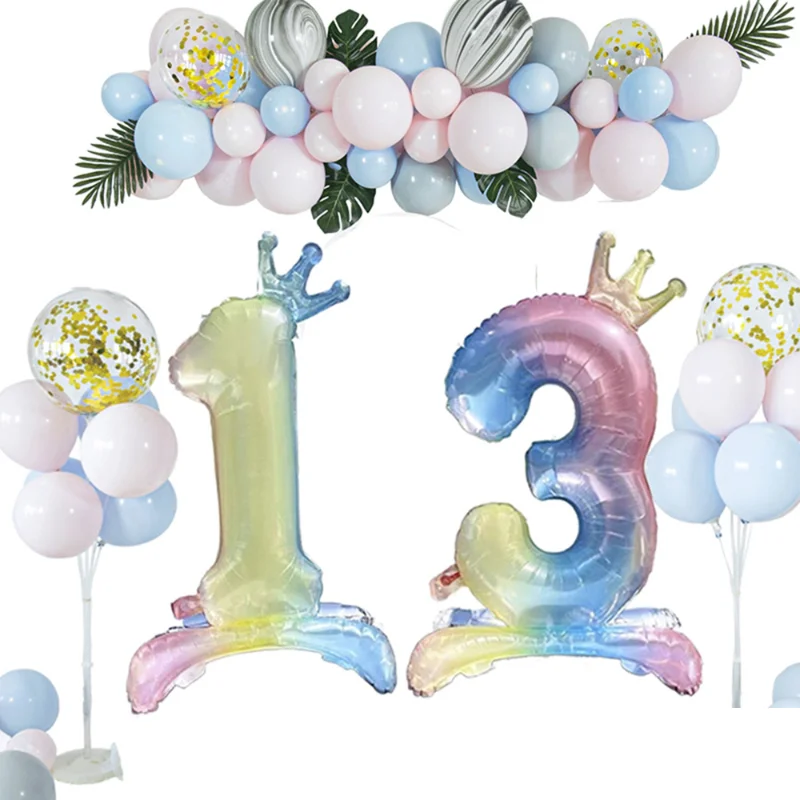 32inch Rainbow Number Stand Foil Balloons With Crown Digital Gradient Colorful Figures Globos Kids Birthday Party Wedding Decor