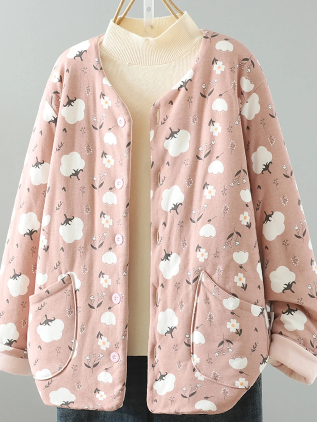 

Women's Slim Fit Cotton Jaet Thin Cotton Warmth Printing Casual Sle Long Sve Button up Stand Collar Coat for Winter