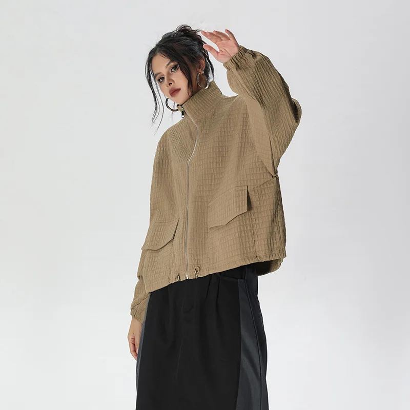 Coat Women Coats Stand Collar Zipper Jackets Y2k Streetwear Work Casual Loose Elegant Splice Jacket 2025 Autumn Winter