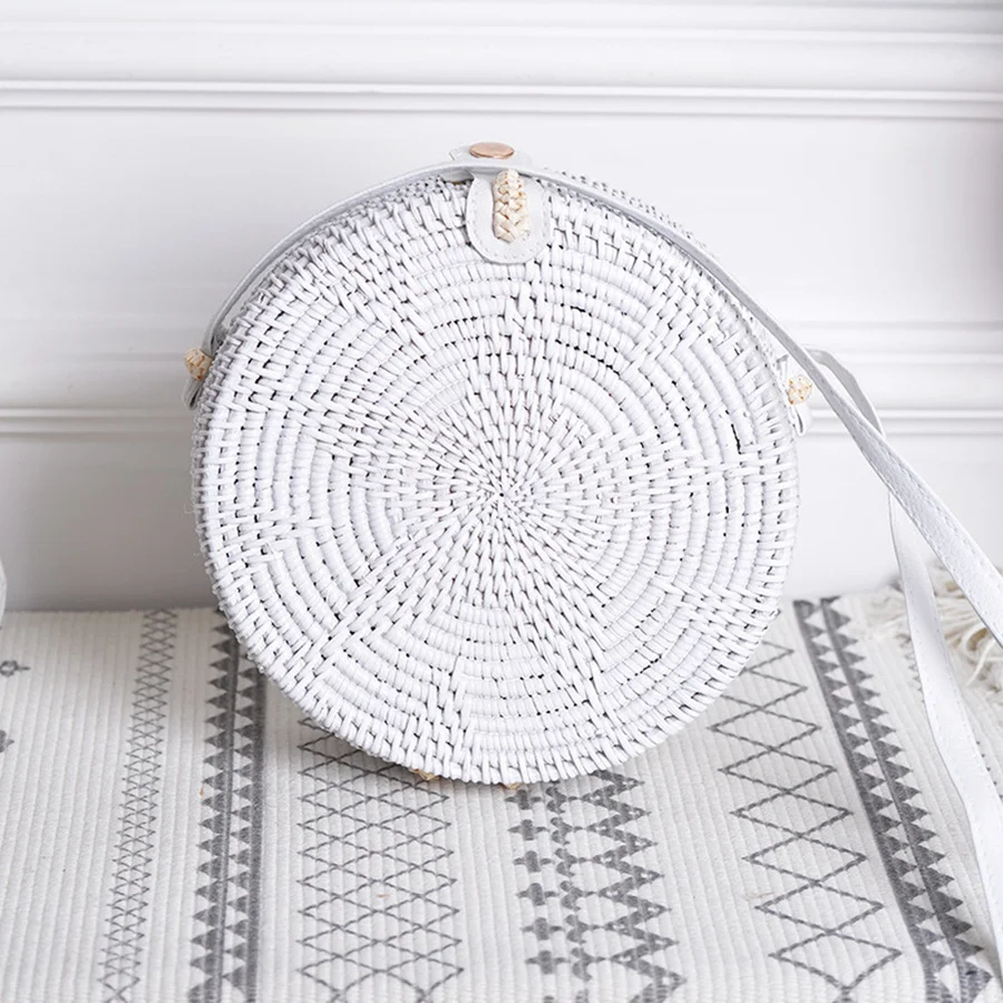 Summer White Rattan Bag Round Straw Bag Handbags Women Handmade Woven Beach Circle Handwoven Round Retro Bag