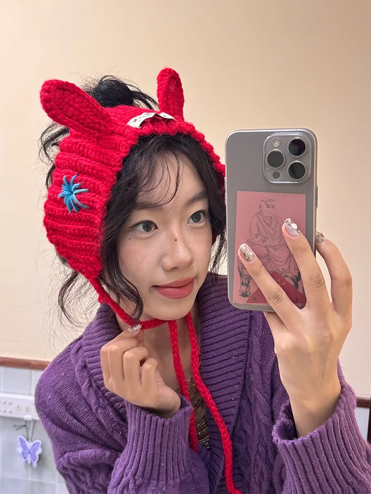 暖かいニットのうさぎ耳ヘッドホン-レディーススタイル-エルフサック-冬ファッションアクセサリー-小顔効果-2025秋冬コレクション