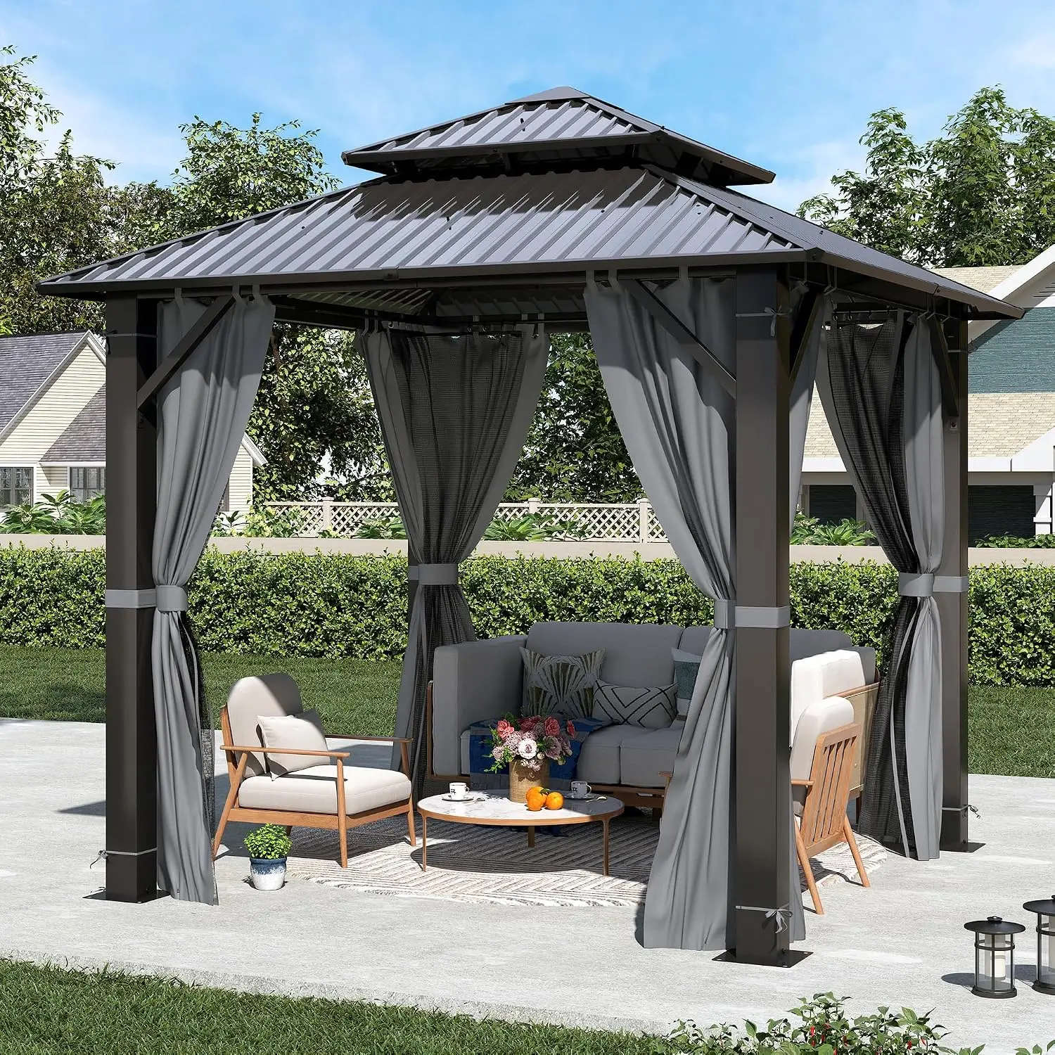 85 Foot Hardtop Gazebo Galvanized Steel Double Roof Nettings Curtain Outdoor Aluminum Frame Vertical Stripes Patio Backyard Lawn