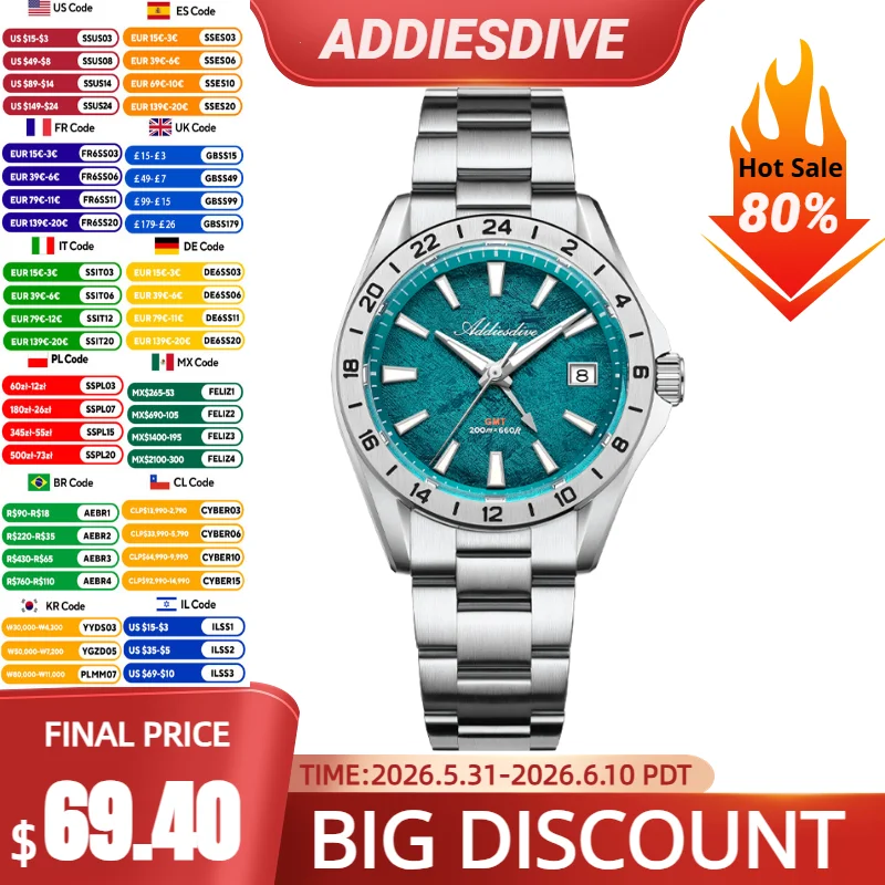 

ADDIESDIVE GMT Men Quartz Watch Sapphire Crystal Swiss Ronda 515-24H Dual Time BGW9 Super Luminous 20Bar Waterproof Diver Watch