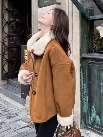 Y2K imitation sherpa jacket for women warm winter street retro Korean style casual loose long-sleeved single-breasted jacket