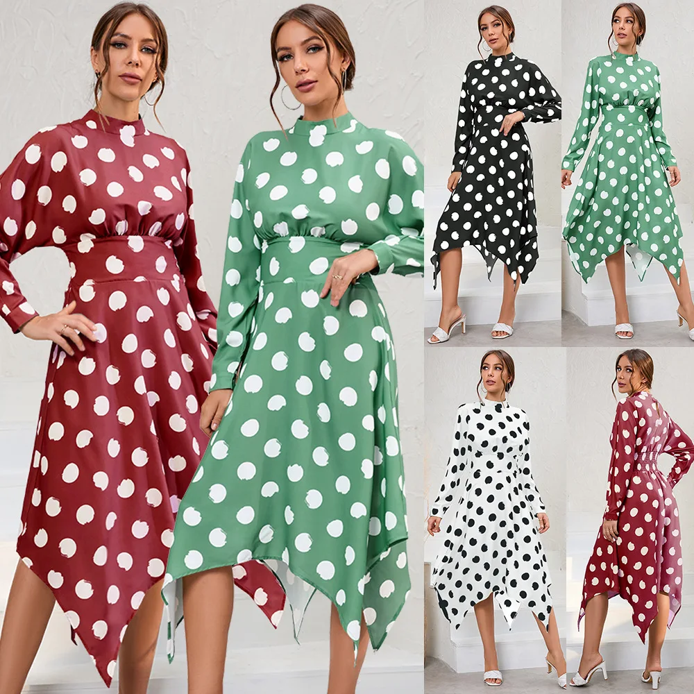 

Casual irregular long-sleeved polka dot dress 2022 autumn and winter women's new European and American explosive models