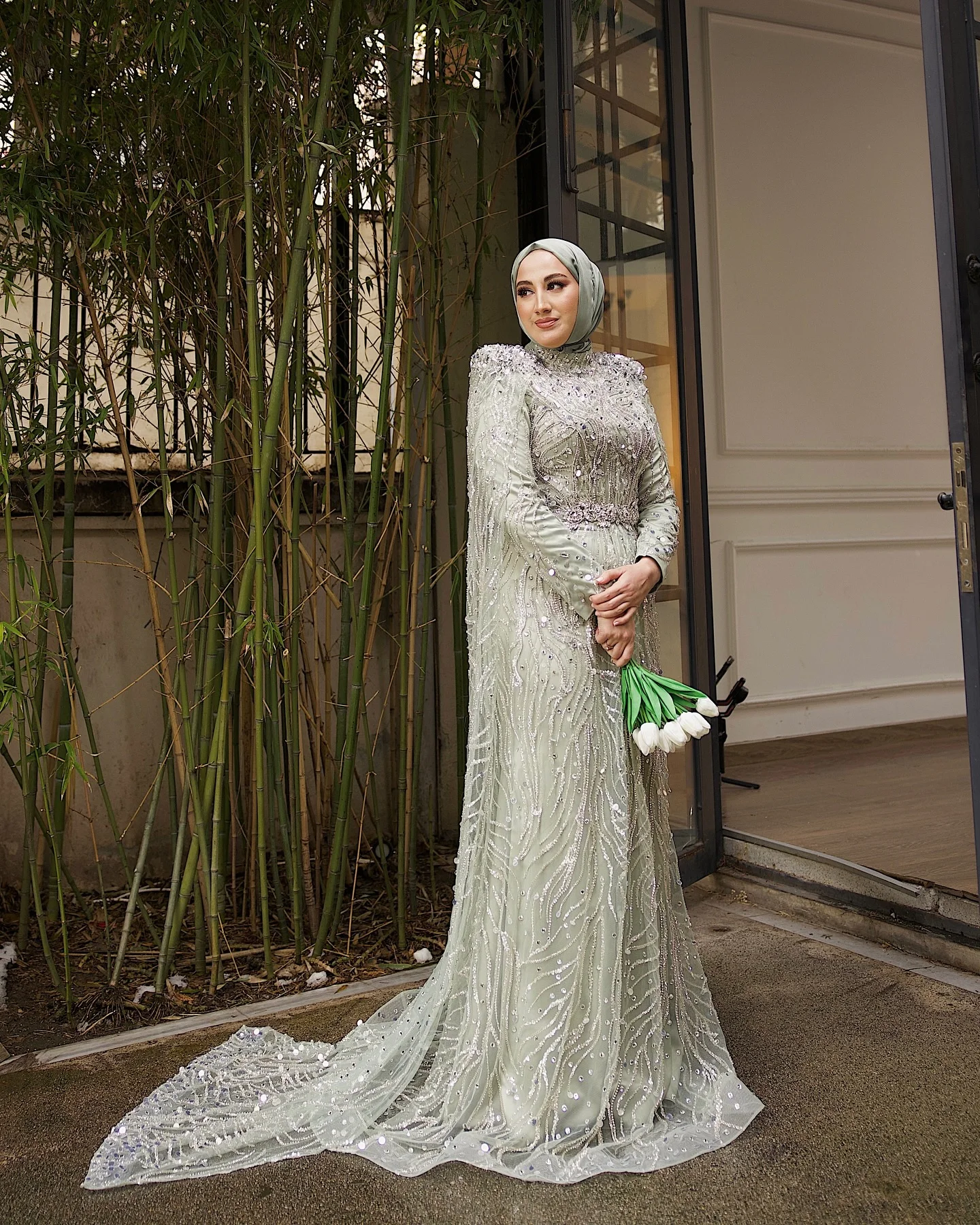 Sharon Said Luxuriöses Dubai Champagner Kristallperlen-Cape Muslimisches Abendkleid Arabisches Hochzeitskleid Ballkleid SS366 Maßanfertigung – Detail 25