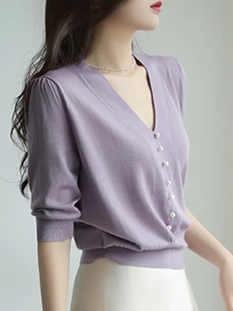 ニットウェア新しいビーズ V ネックニットセーター女性プルオーバー半袖ニットセータープルオーバー女性トップスセーター Feminino G17