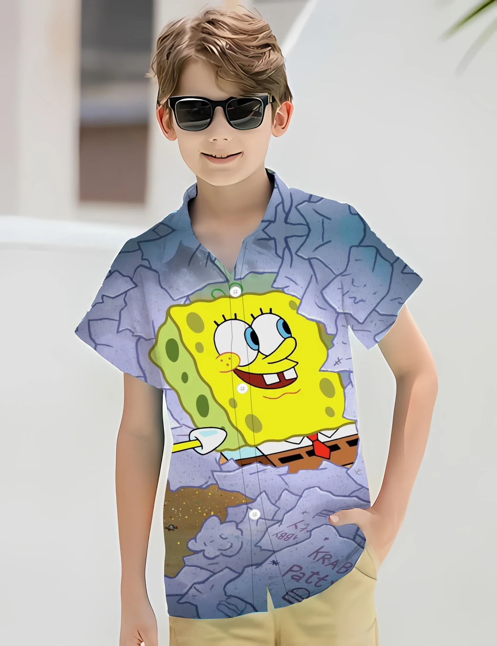 3D Funny Spongebob Squarepants Shirts For Children Casual Clothes Streetwear Blouses Cartoon Y2k Lapel Blouse Button Tops ﻿