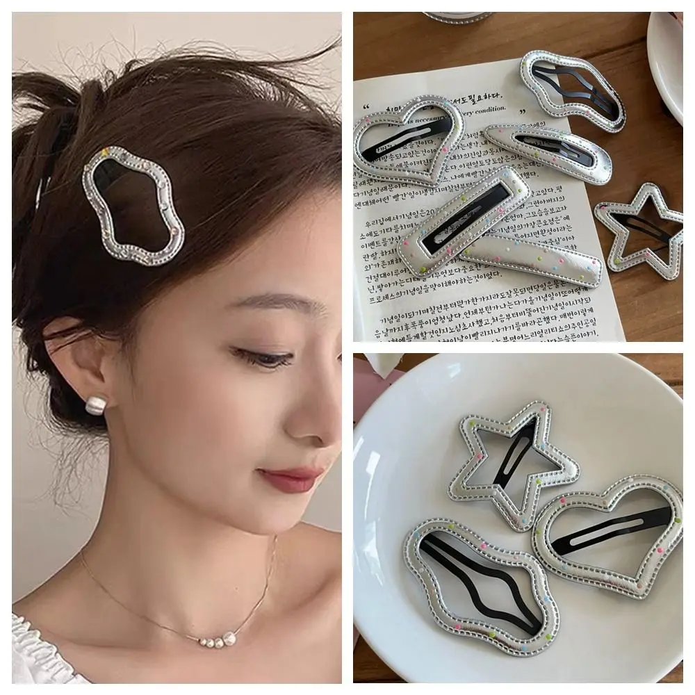 Cute Polka Dot Silver Pu Star Hair Clip Heart Pentagonal Star Y2k Hairpin Geometric Headwear Female