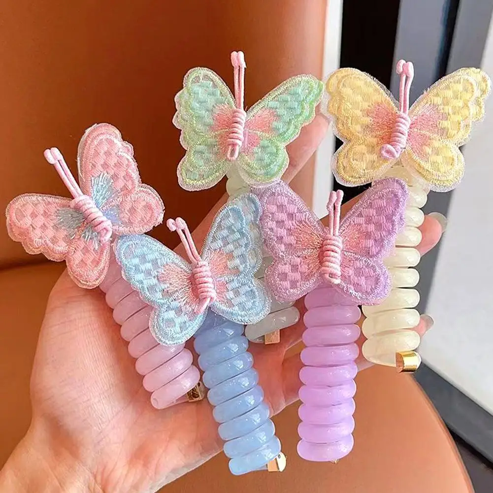 Telephone Wire Elastic Hair Rubber Band Embroidery Butterfly Scrunchie Headband High Ponytail Hair Accessories