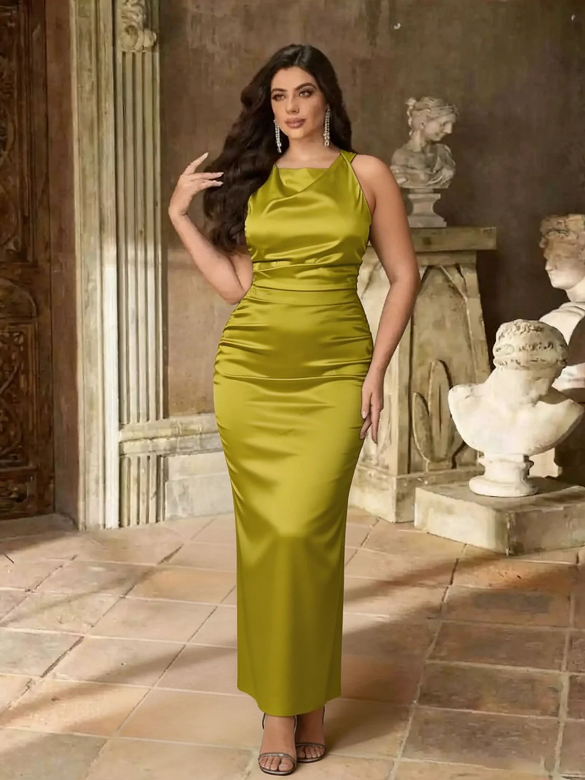 

Plus Size Cowl Neck Halter Satin Ruched Bodycon Olive Green Maxi Dress, Evening Gown For Party & Wedding Women