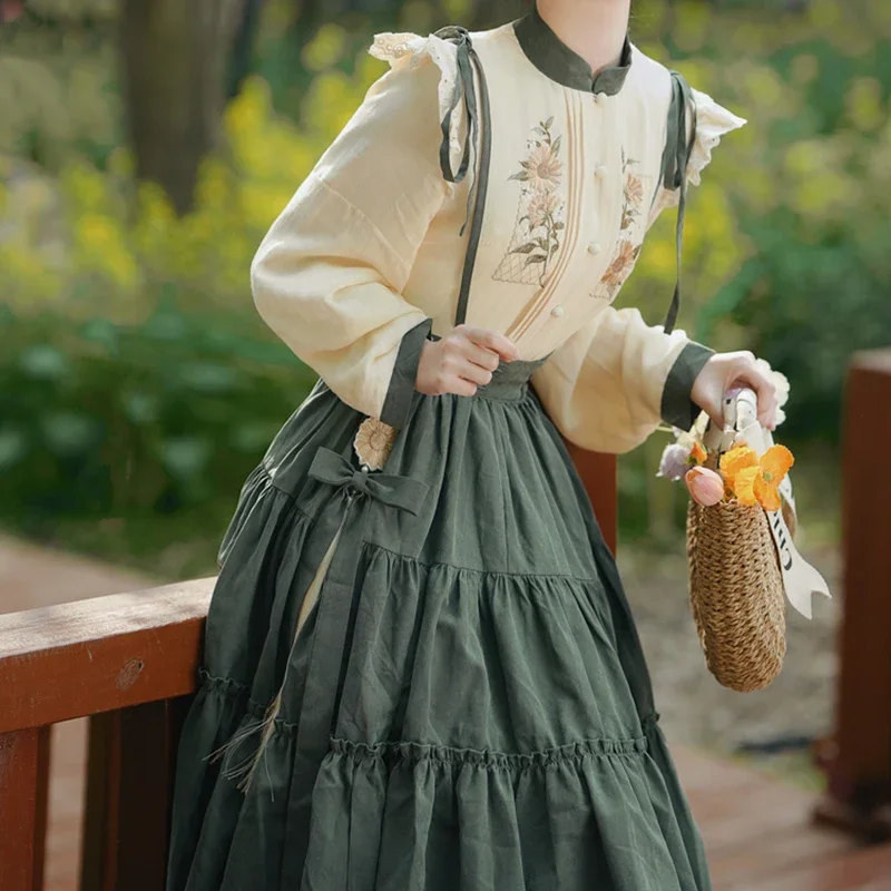 

2025 Vintage Strap Long Skirt Women Summer High Waisted Lace Up Pleated Skirts Lace Patchwork Skirt Jupe Femme CHJ874523