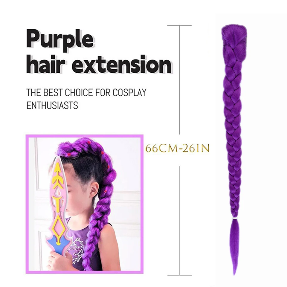 Synthetic Braided Purple Hair Ponytail Rumi Costume Hairstyle 26inch Long Ponytail with Clips for Kids Girls Halloween Christmas