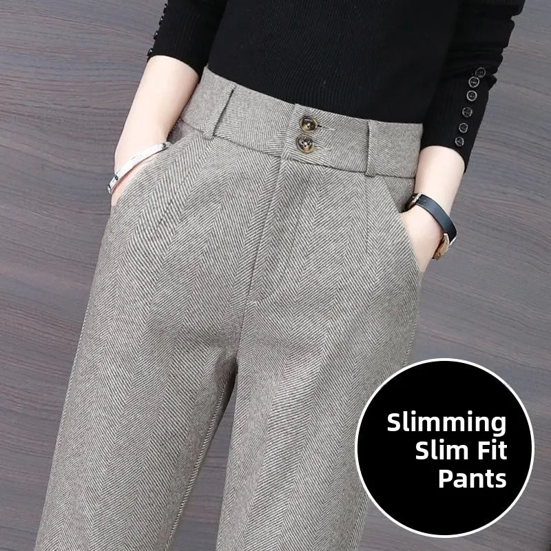 

High Waist Harlan Pants Women's Autumn Winter New Loose Straight Tube Woolen Suit Pants Thickened Fleece Lined Korean Style