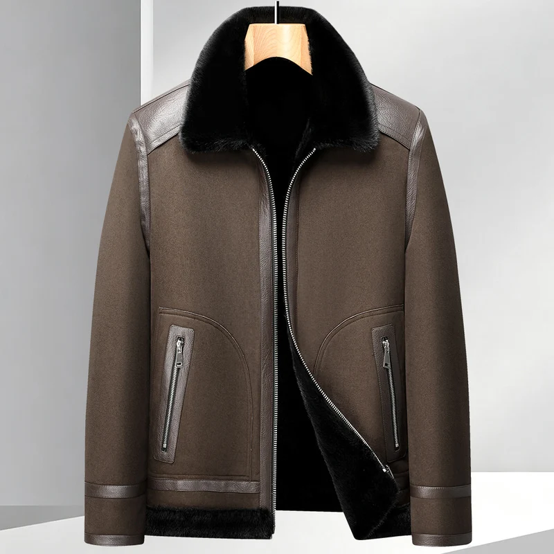 Men Double Sided Wear Faux Suede Spliced Jacket Lapel Collar Winter Warm Faux Fur Integrated Zipper Casual Coat