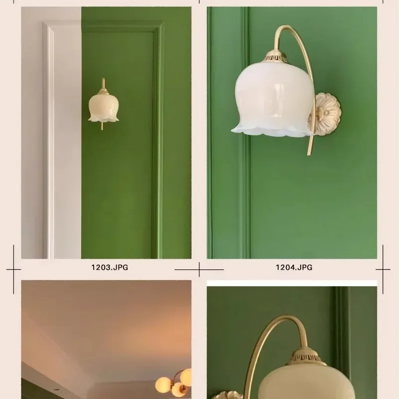 for French Lily of the Valley Cream American Simple Modern Wall Lamp Bedroom Bedside Living Room Medieval All Copper Corridor