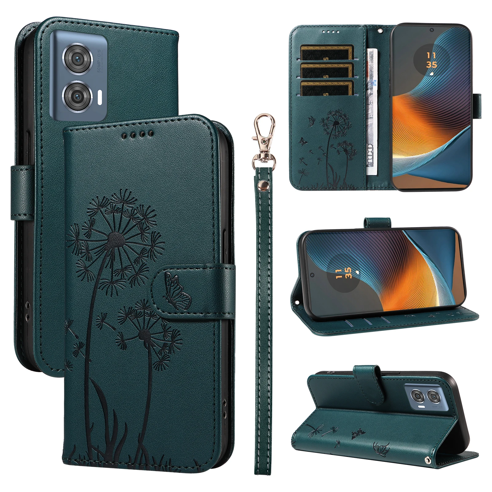 

Кожаный чехол-кошелек для Motorola Edge 50 Fusion 5G с ремешком, чехол-подставка для телефона с изображением одуванчика - синий