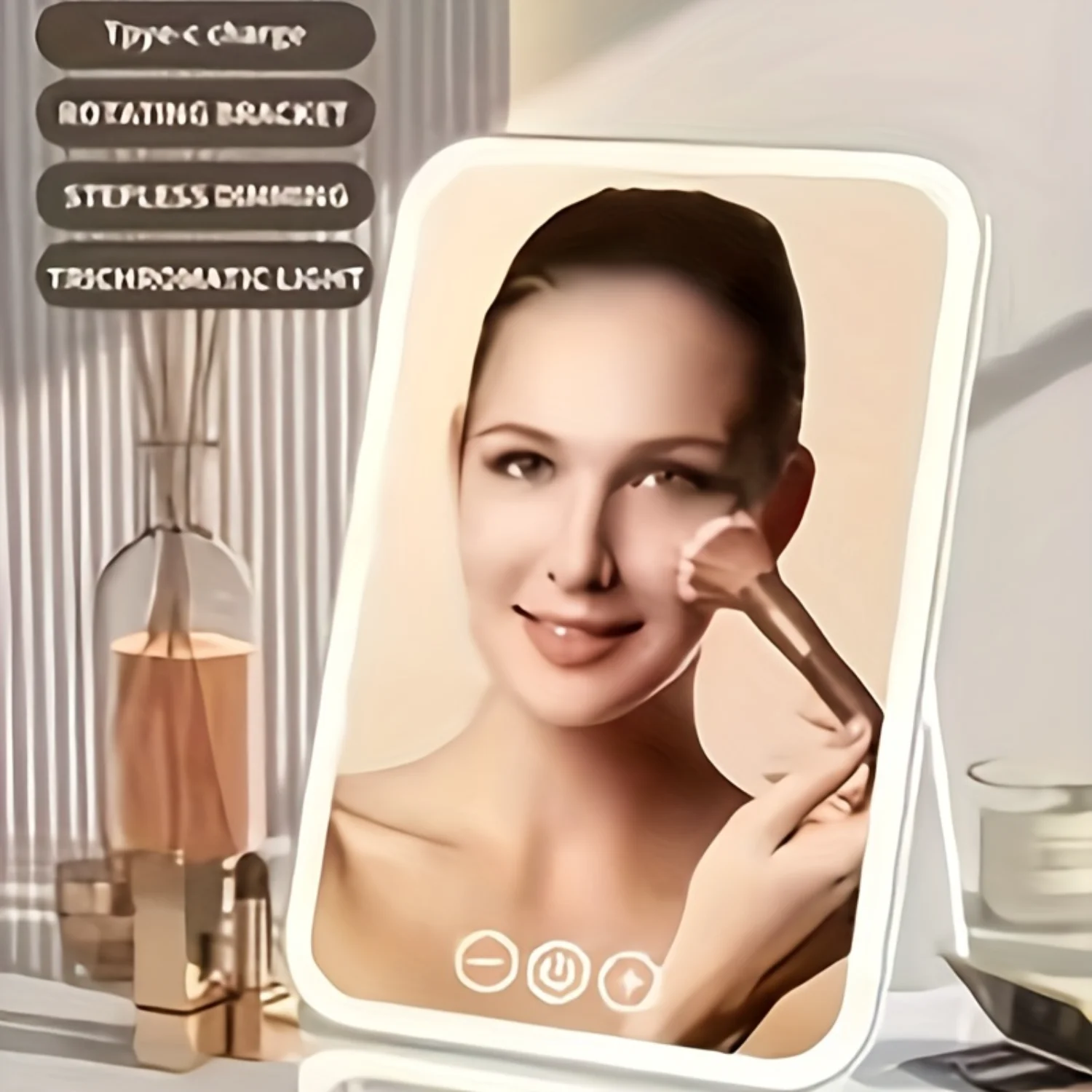 

Travel Makeup Mirror with LED Light Beauty Folding Pu Makeup Mirror With 3 Color Dimmable Screen