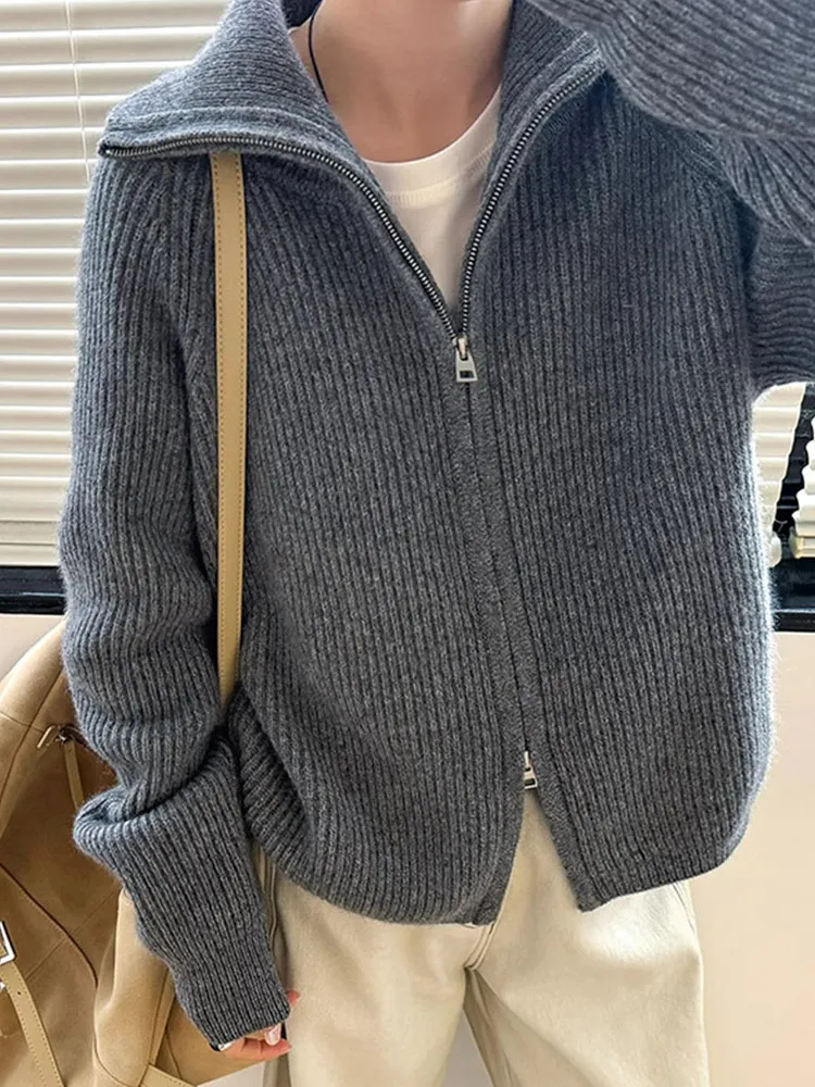 편안한 단색 니트 울 스웨터 더블 지퍼 롱 스웨터 패션 탑 안티에이징 니트웨어 슬리 카디건