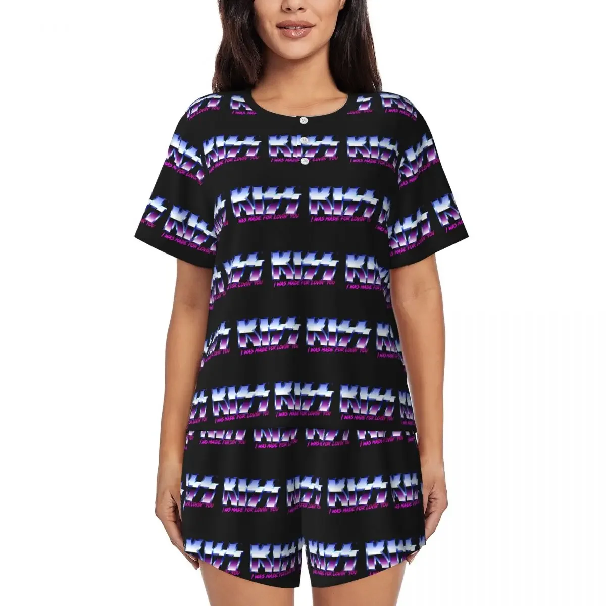 

Kiss Rock Band Retor Round Neck Short Sleeve Nightgowns for Sleeping Sleepshirts Women Loose Pajama Set Short Pants