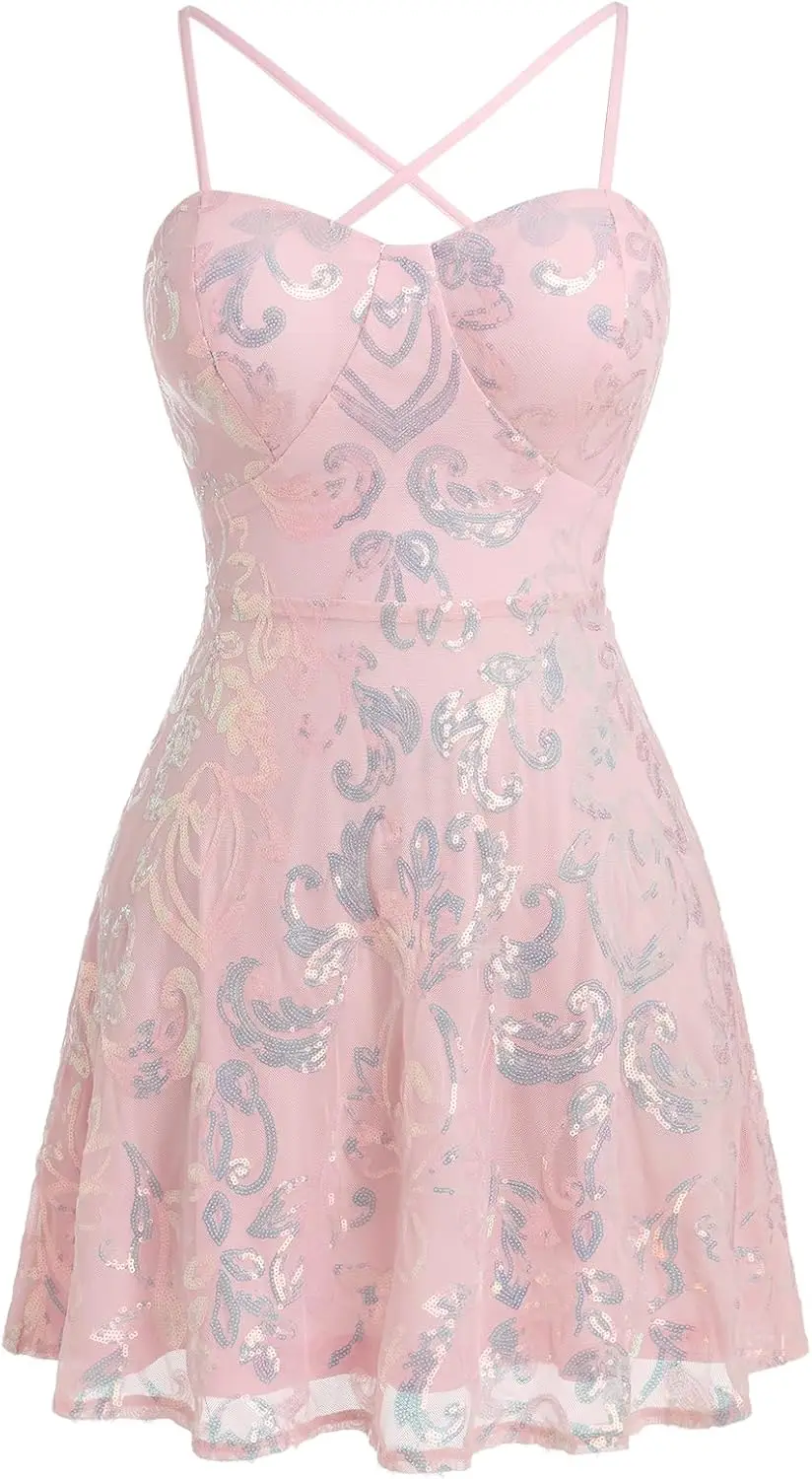 Mini abito da donna con paillettes scintillanti e cinturino per spaghetti, linea ad A, altalena, discoteca, ballo, abito da laurea al ginocchio