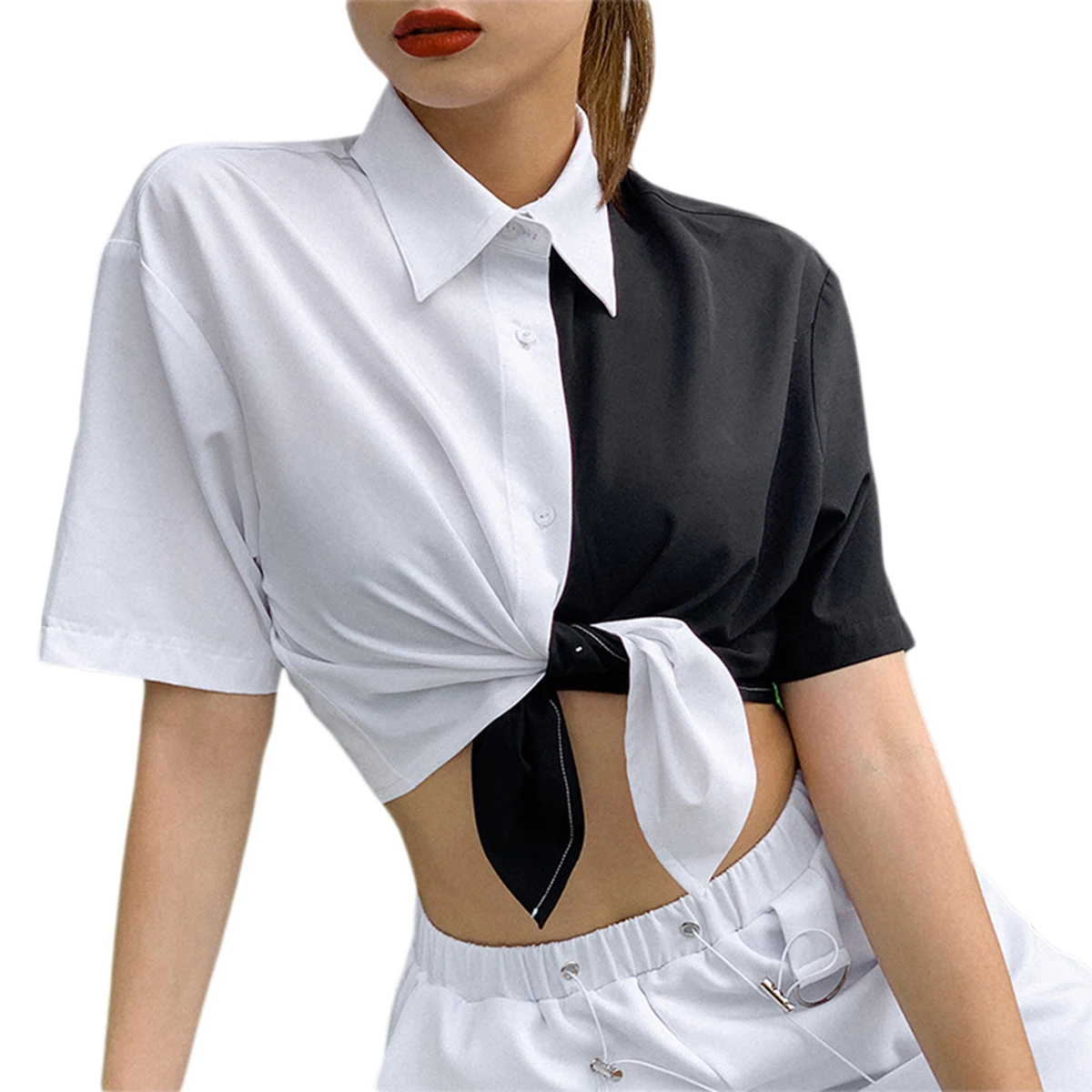 Women Short Sleeve T-Shirts Summer Fashion Black White Color Contrast Lapel Shirt Tops Sexy Casual Loose Crop Top