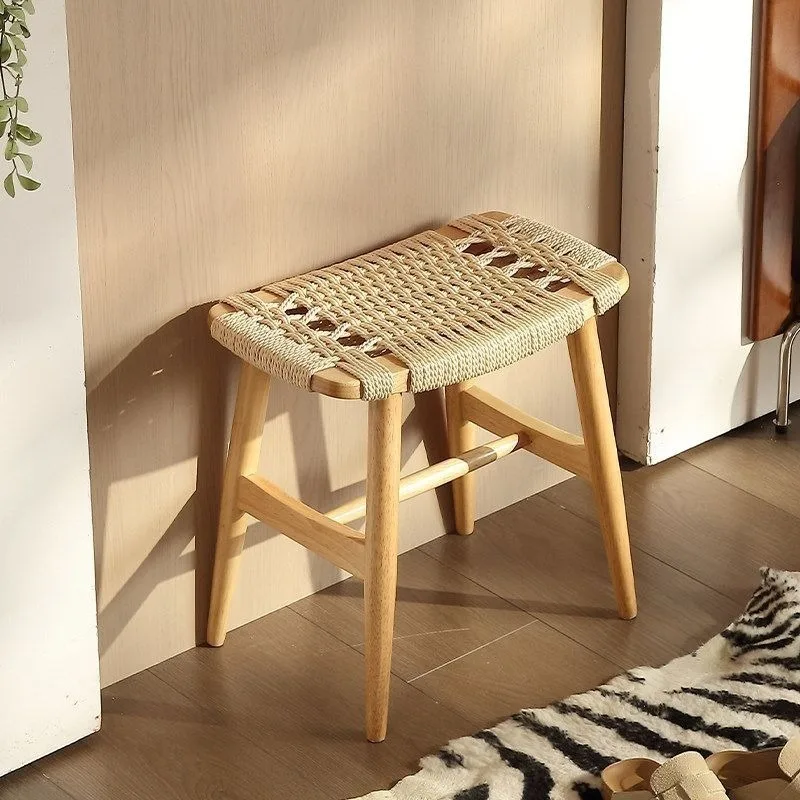 Massivholz-Flechthocker im Retro-Stil, tragbarer, multifunktionaler Seilgewebter Hocker, Schuhwechselhocker für den Eingangsbereich, Innenmöbel