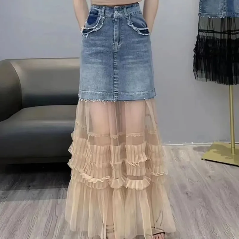 Imagem -03 - Saia Coreana de Malha de Retalhos Jeans Feminina Comprimento Médio Combina com Tudo Cintura Alta Saia de Quadril Moda 2023