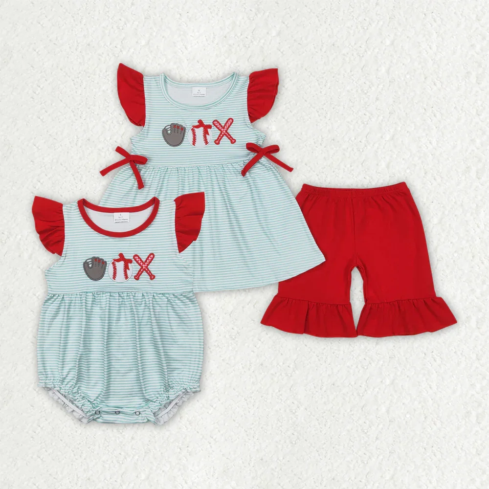 

GSSO2317 Wholesale baby girl clothes Embroidery Baseball Flying Sleeve shorts sets Boutique kids clothes girl sets baby rompers