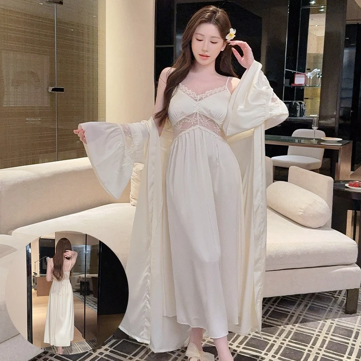 

2PCS Robe Set Women Lace Bathrobe Nightgown Suit Sleepwear Dress Summer Lady Rayon Kimono Lingerie Dressing Gown Home Clothes