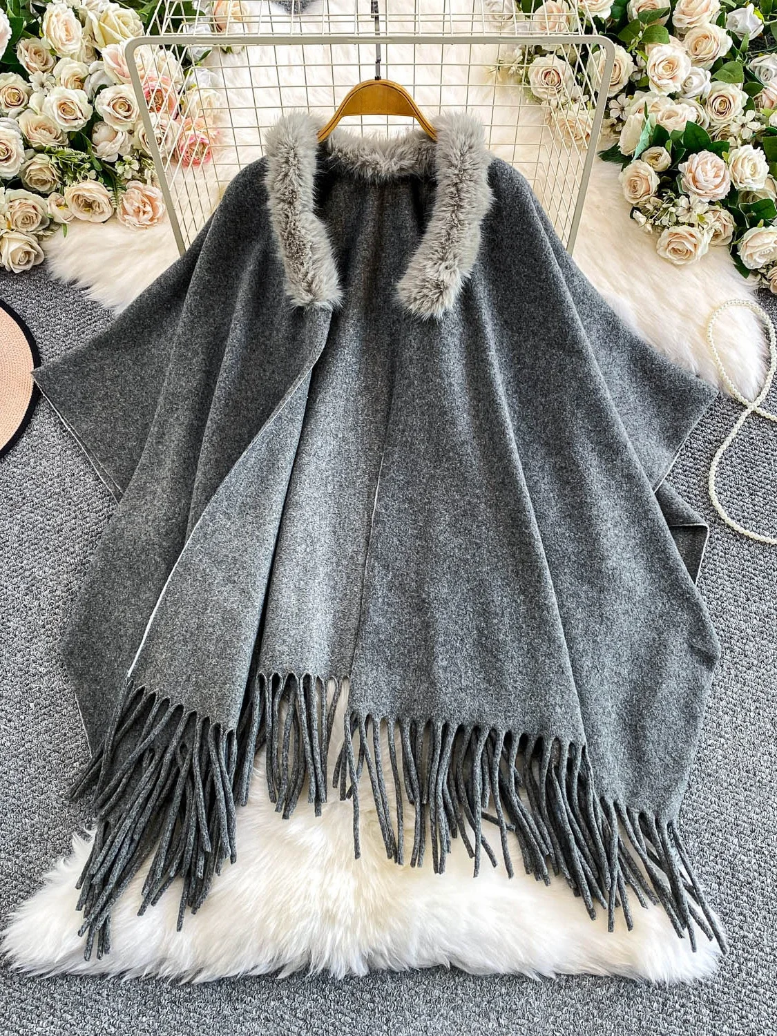 Ele المتضخم الفراء المرقعة awl معطف المرأة الشتاء منتصف طول غير المتكافئة مهدب سترة ملابس مكتب عادية