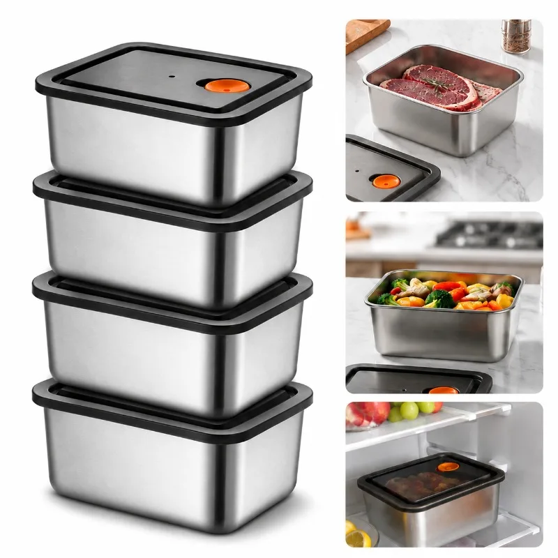 4Pc Stainless Steel Food Storage Container Set Thickened Leakproof BPA Free Stackable For Fridge Freezer Pantry Organization Box