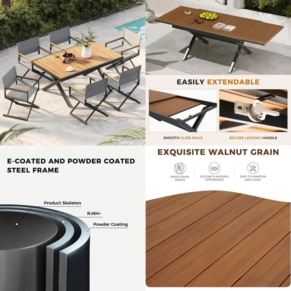 

Раздвижной уличный обеденный стол, 94,5 дюйма (длина) x 37 дюймов (ширина), на 6-10 человек, отделка под дерево, черный