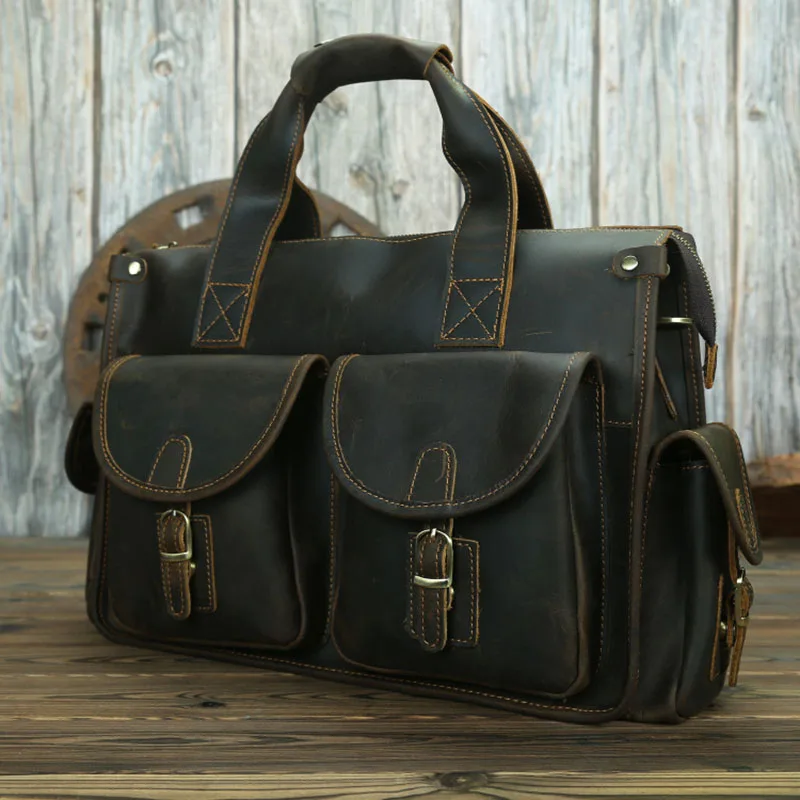 Vintage Heren Aktetas Echt Koeienhuid Lederen 15 "Pc Laptoptas Gek Paard Leer Business Messenger Tas Werk Draagtas Voor Man