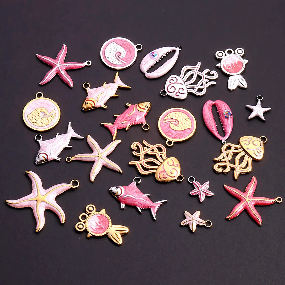 

3pcs Sea Accessories Girl Pink/Hot Pink Handmade Oil Dripping Charms Starfish Conch Stainless Steel Pendants For Jewelry Making