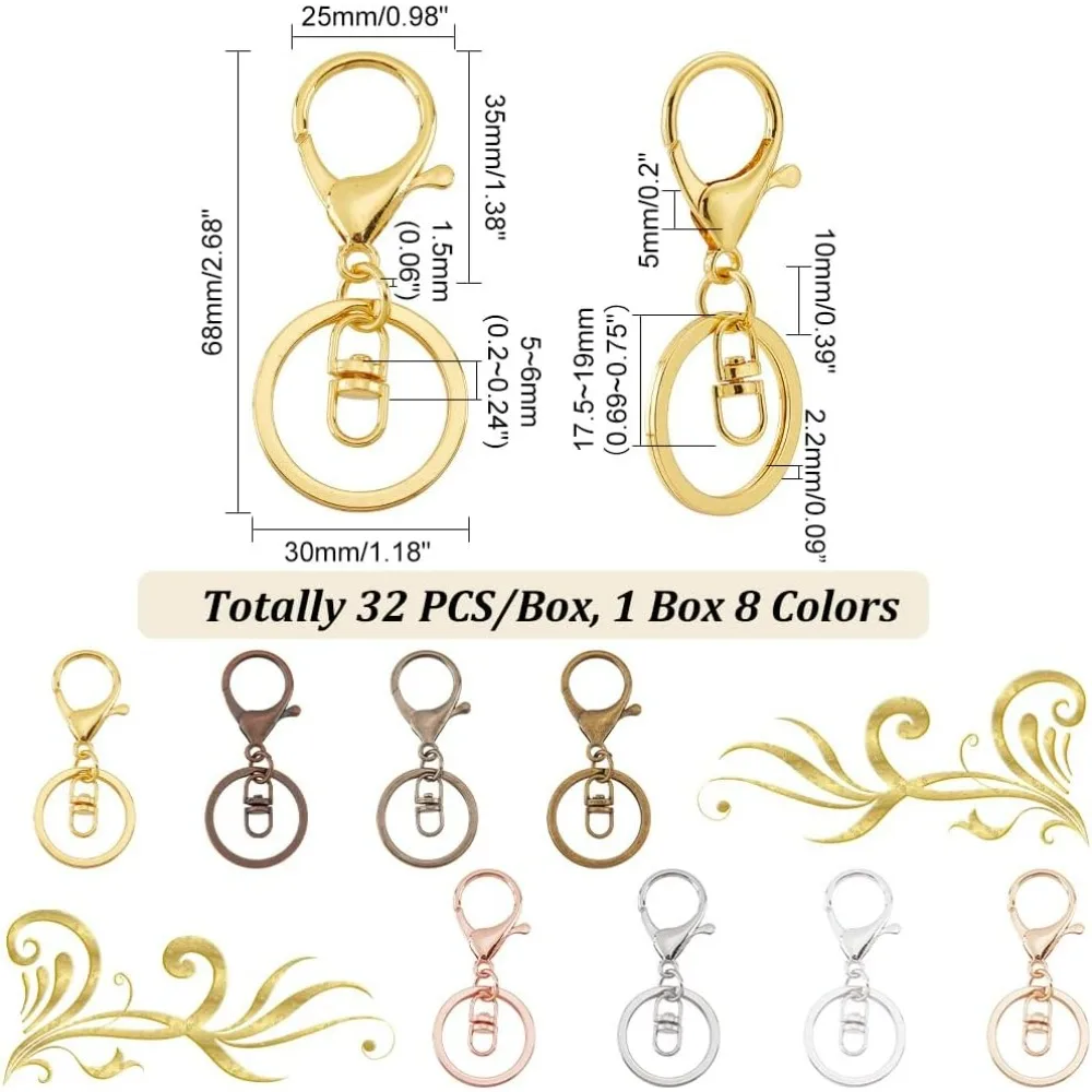 32pcs Alloy Lobster Clasp 8 Colors Swivel Lanyard Snap Hook with 1.1