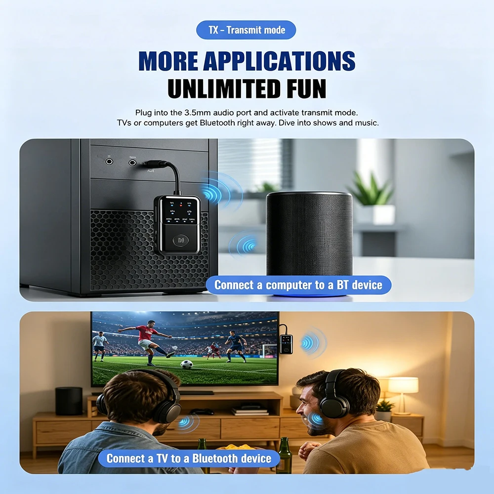 KEBIDUMEI Bluetooth 6.0 Odbiornik Audio Nadajnik Dual RT/TX Broadcast 3 w 1 Adapter Bezprzewodowy 3.5mm AUX do TV Słuchawek Samochodu — zdjęcie produktu 4