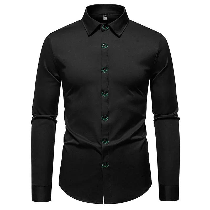 

Autumn Fashion Men's Embroidered Long Sleeve Shirt High Quality Vintage Luxury Male Casual Solid Social Wedding Party Business
