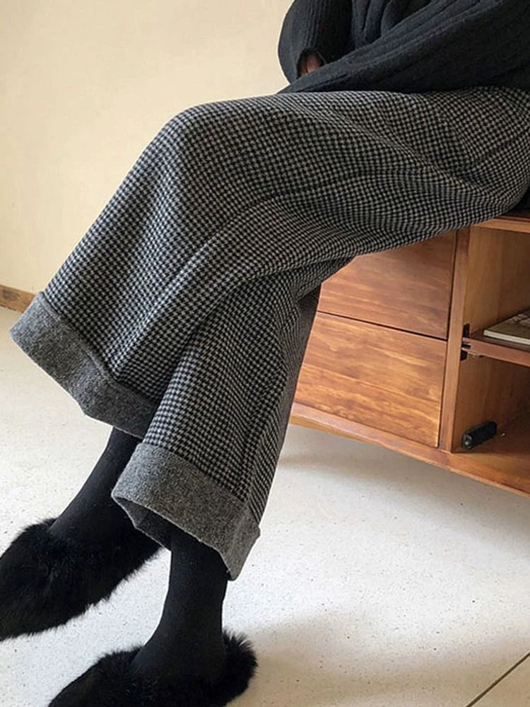 Vintage Plaid Wide Leg Pants Women Autumn Winter High Waist Loose Casual Trouser Korean All Match Simple Office Lady Retro Pants
