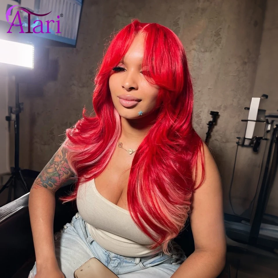 

Colored Red with Blonde Stripe Body Wave Wig Pre Pluck Hot Red Highlights Human Hair Wigs Transparent 13x4 13x6 Lace Frontal Wig
