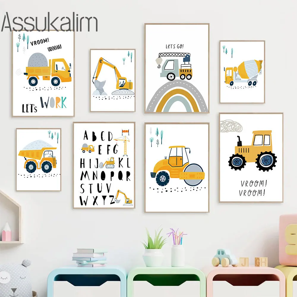 Car Posters Tractor Art Prints Excavator Wall Art Truck Wall Pictures Alphabet Wall Poster Nursery Child Poster Boy Room Decor