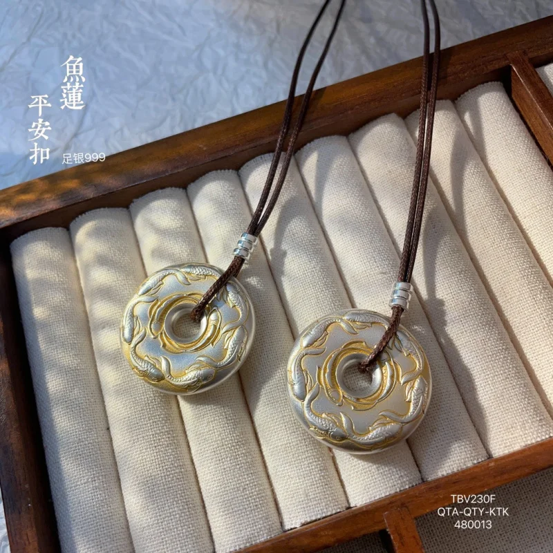

999 Color Separation Fish Peace Silver Chain Set Round Pendant Gold-Plated Versatile