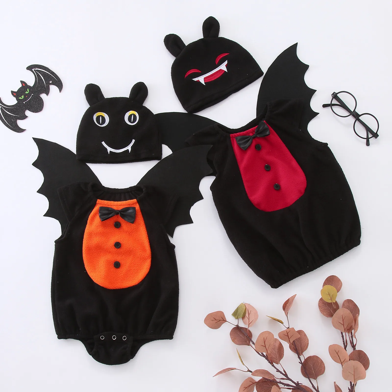 2024 Toddler Infant Baby Girls Boys Halloween Soft Fleece Romper Jumpsuit Sets With Wing Hat 3pcs Set Costumes Cosplay Set