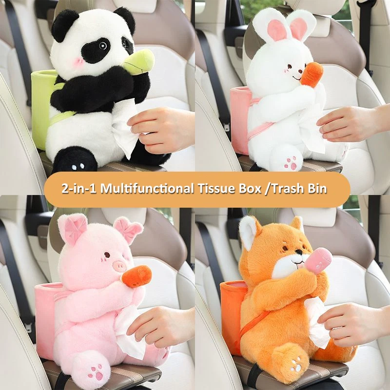 2 In 1 Car Tissue Box Doll Cartoon Garbage Can Creative Tissue Holder Car Armrest Box Plastic Storage Garbage Can Car Accessory