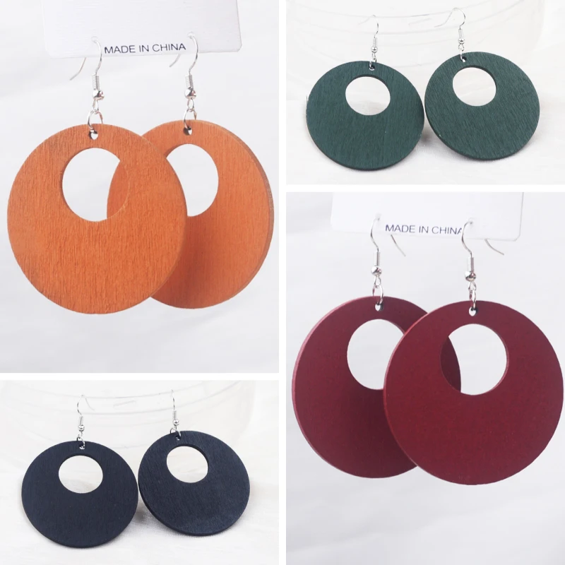 New Wooden Round Pendants Women\'s Dangle Earrings Rose Green Black Geometric Statement Female Hanging Earrings 2025 new in