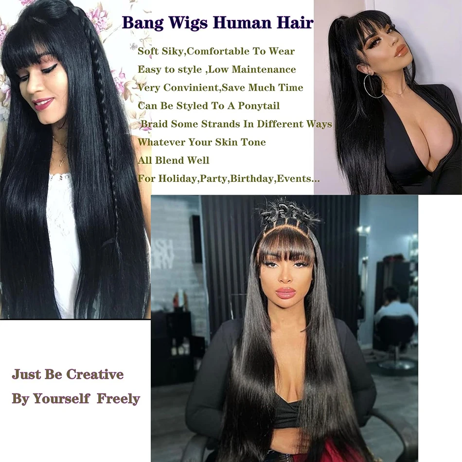 Straight Wigs with Bangs Human Hair Wigs None Lace Front Wigs Brazilian Virgin Hair Glueless Machine Made Wig