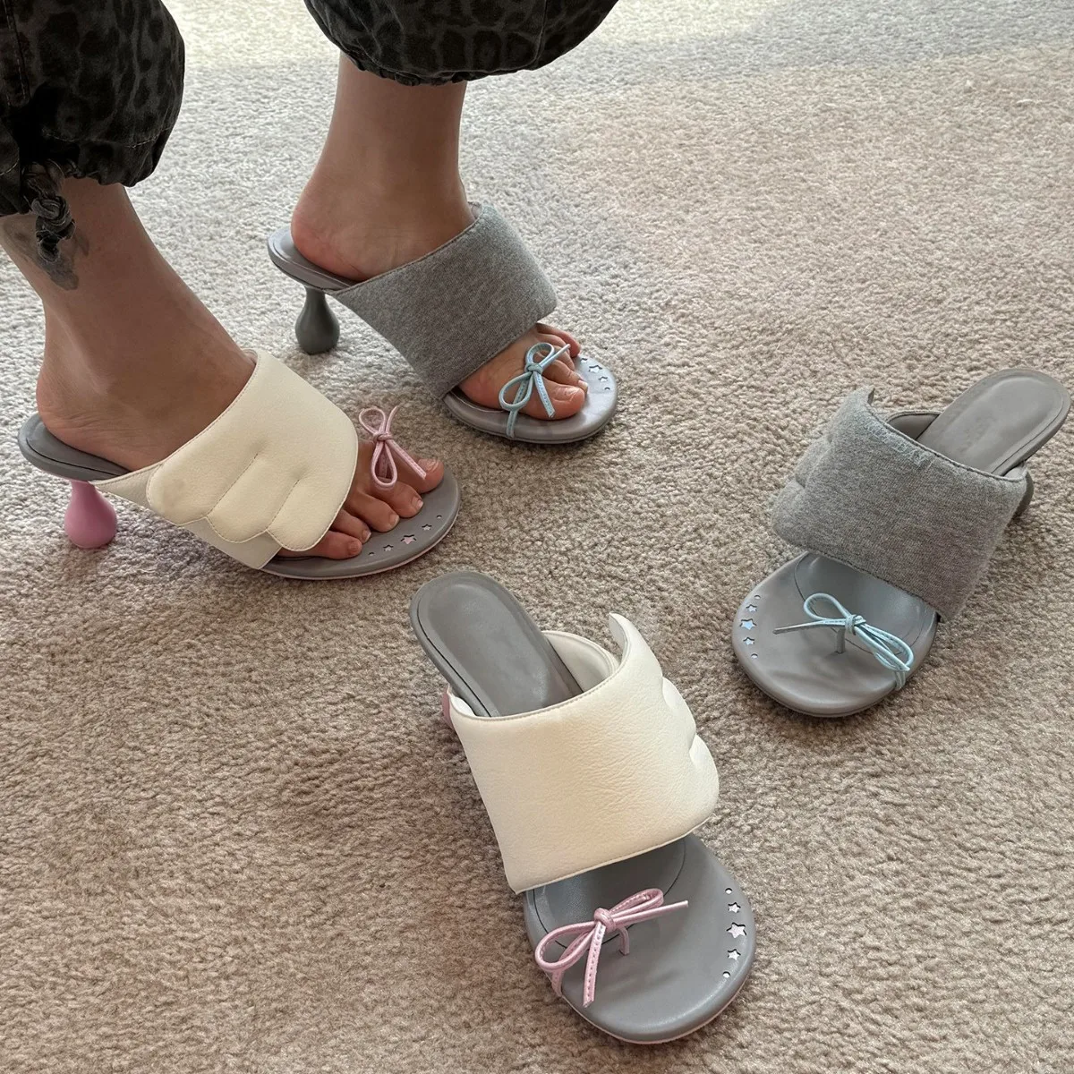 

2026 wings round head high heel toe sandals women's summer wear thick heel bow slippers