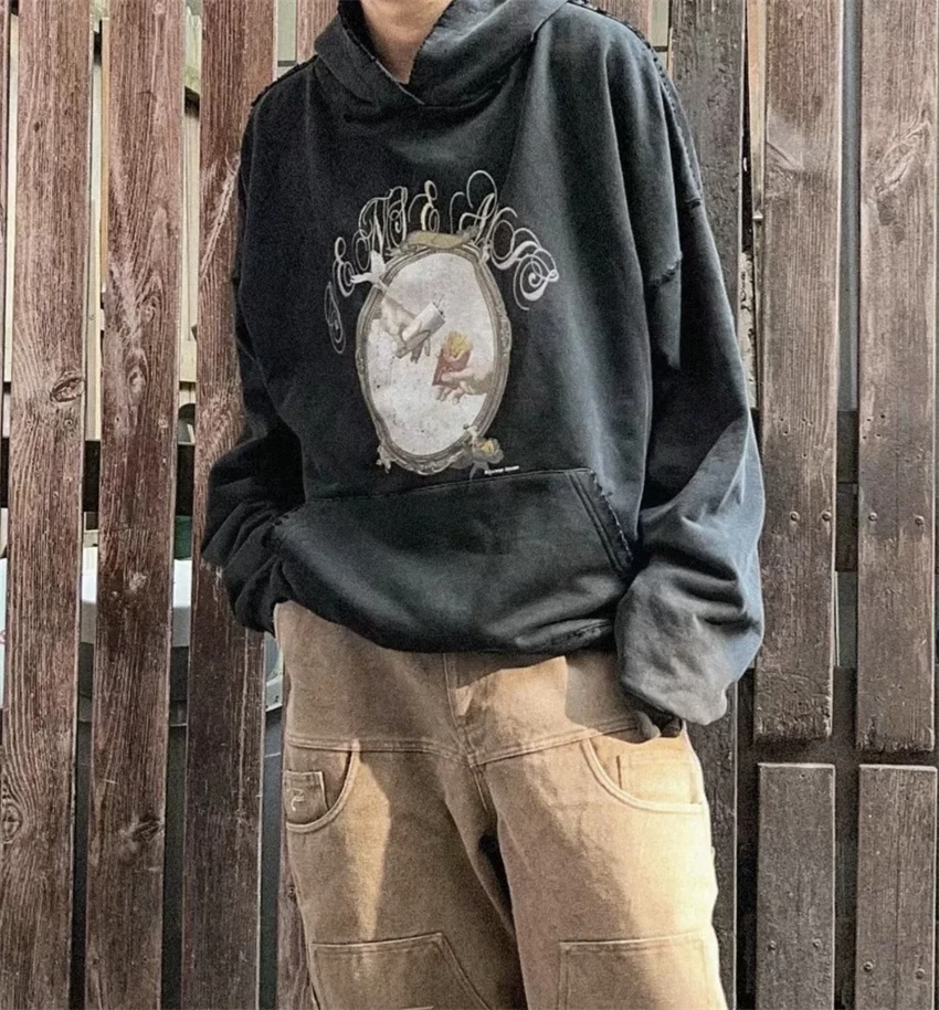 

New Vintage Sense High-quality Print Washed Distressed Design Hoodie High Street Loose Casual Cotton Fleece Japanese Oversized