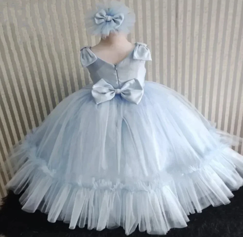 

Customized Blue Flower Girl Dresses For Wedding Sleeveless With Bow Floor Length Elegant Birthday Party First Communion Gown