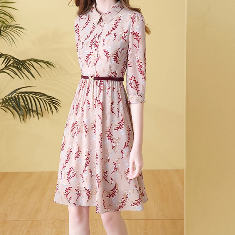 EVNISI Chic Polo Collar Chiffon Dress With Belt Elegant Floral Printing A-line Dresses Summer Women Casual Slim Fairy Vestido